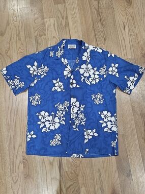 Vintage Pacific Legend Aloha Shirt Made In Hawaii USA Blue Hibiscus Floral Camp